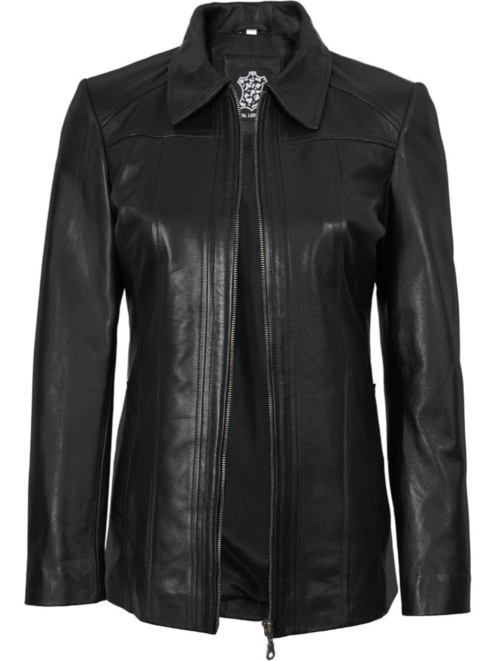 Women’s Black Leather Coat Shirt Collar Long Jacket Classic Stylish Outerwear